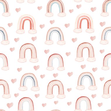 Suluboya bebek odası, gökkuşakları, kalpler ve bulutlarla nötr renklerde kusursuz desen. Çocuklar dijital kağıt, bebek oğlan ve kız gökkuşağı geçmişi.