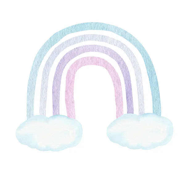 要旨子供たちは虹と雲を水彩 手塗りのパステルカラーのBoho虹でクリッピングします トレンディーなスカンジナビアスタイルの保育園アートイラスト 現代美術 ストックフォト