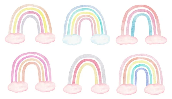 パステルカラーの虹と雲の水彩クリップイラスト 保育園のグラフィック デジタルペーパー 子供の芸術 — ストック写真