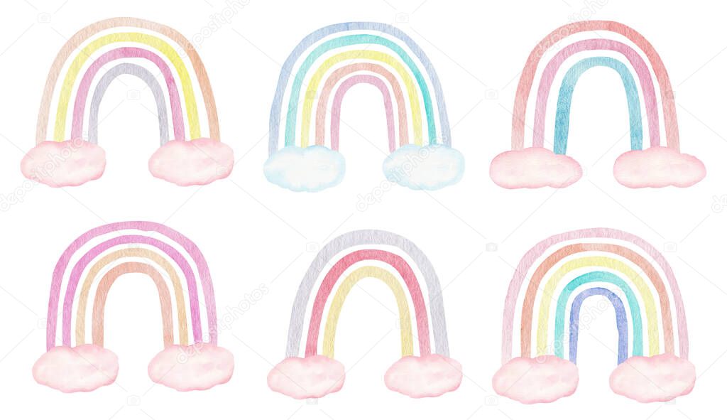 Watercolor clipart illustration of rainbows and clouds in pastel color. Nursery graphics, digital paper, kids art.