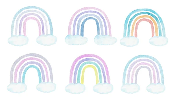 水彩画在彩虹和云彩上 数字纸 孩子的例子 色彩艳丽的幼儿园艺术 婴儿淋浴显卡 — 图库照片