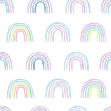 Beyaz arka planda gökkuşağı suluboya kusursuz desen çizimi. Pastel renk. İskandinav tarzı dijital kağıt. Çocuk odası sanatı.