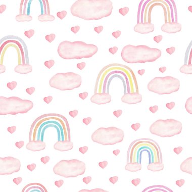 Gökkuşağı kalpli ve bulut renginde kusursuz bir desen. Çocuksu dekoratif sanat. Beyaz arkaplan üzerine suluboya el çizimi dijital kağıt.