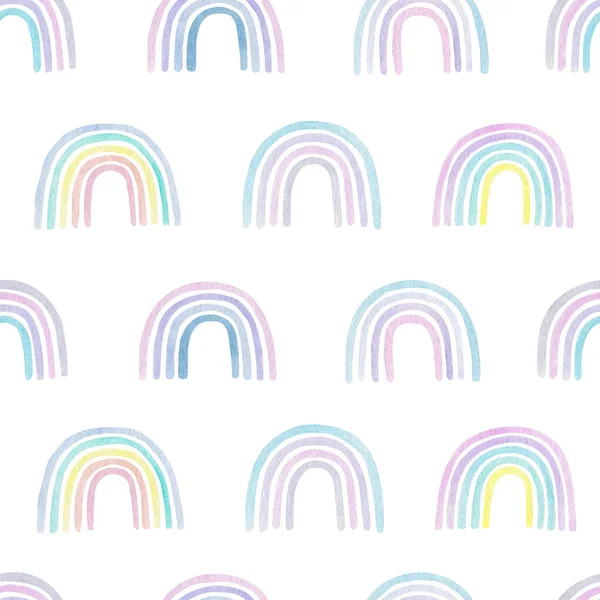 彩虹水彩画无缝图案图解白色背景 斯堪的纳维亚风格的数码纸 幼儿园艺术 — 图库照片