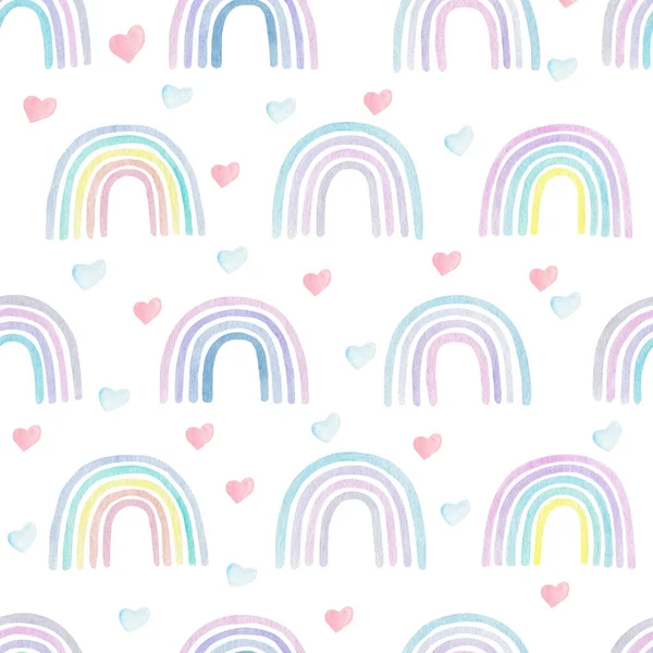 Rainbows and hearts tenderly watercolor seamless pattern. Digital paper. Kids illustration. Colorful nursery art. Baby shower graphics card.