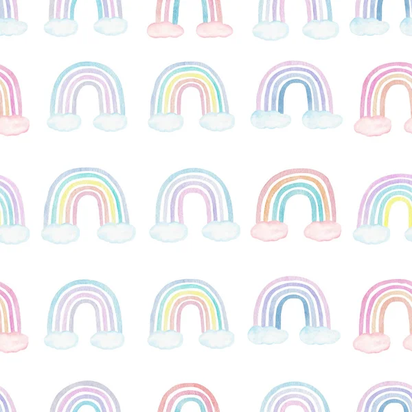 水彩手はシームレスなパターン パステルカラーの虹と雲のクリップセットを描いた 子供のイラスト 赤ん坊シャワーグラフィック カラフルなデジタル紙 ストック写真