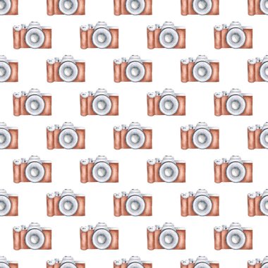Suluboya fotoğraf makinesi kusursuz desen. Elle boyanmış kameralarla dekoratif arkaplan.