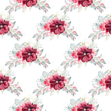 Çiçek buketi dikişsiz suluboya klipsleri. Burgundy çiçekleri ve yeşillik çizimleri.