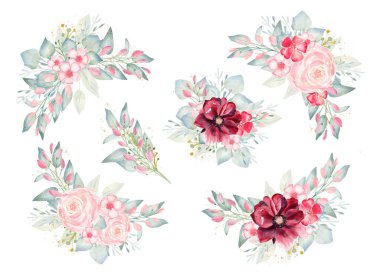 Çiçek buketleri suluboya kliplerini ayarlar. Burgonya, pembe çiçekler ve yeşillikle elle boyanmış resimler..