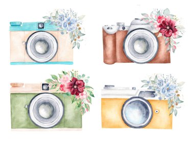 Suluboya fotoğraf makineleri ve çiçek düzenlemeleri. Clipart seti beyaz arkaplanda izole edildi. Fotoğraf logosu, tasarım, kartlar, çıkartmalar.
