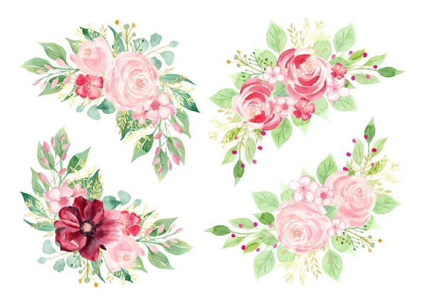 Ensemble d'éléments floraux peints à la main. Clipart aquarelle. Illustration de fleurs roses et bordeaux et feuilles de verdure . — Photo