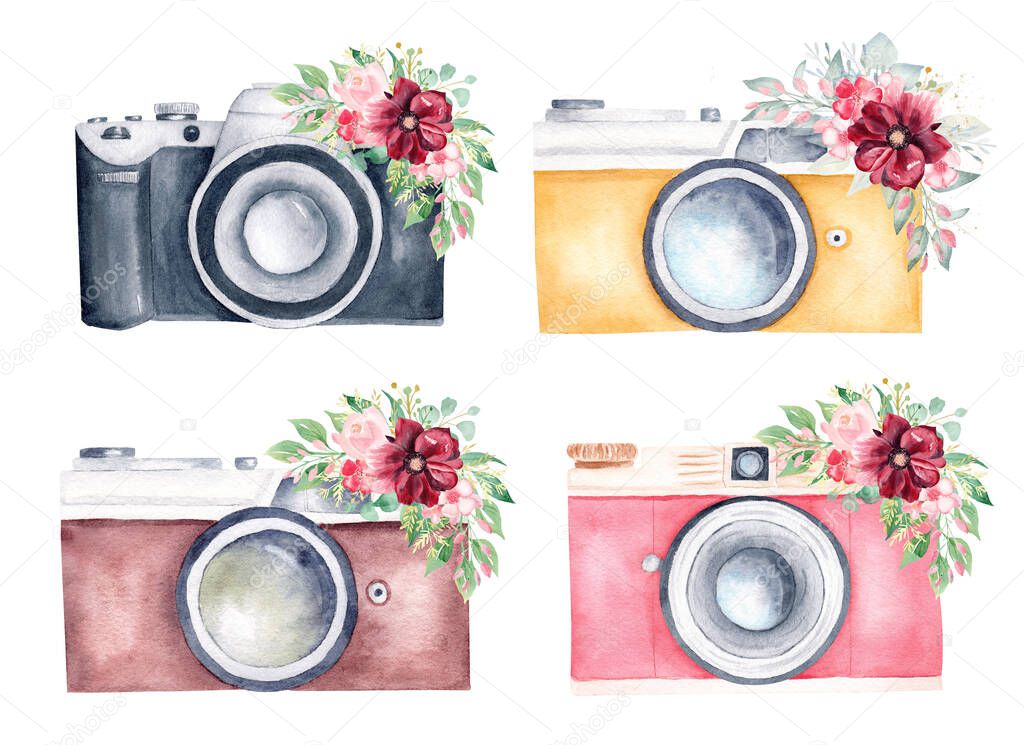 Vintage retro photo camera and burgundy flowers bouquet watercolor clipart set. Hand drawn illustration isolated on white background. Graphics for logo, gift card, invite.