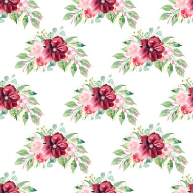 Suluboya desensiz çiçek buketi parçası. Burgundy ve pembe çiçekler. Elle çizilmiş dijital kağıt. Yeşillik çizimi.