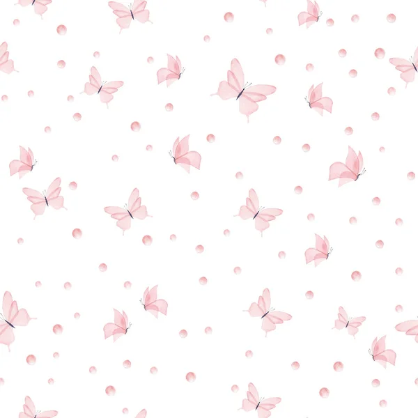 Watercolor Pink Butterflies Seamless Pattern White Background Digital Paper Fabric — Stock Photo, Image