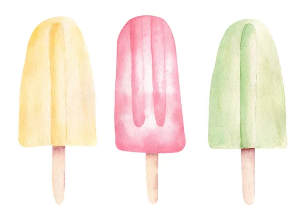 水彩水果爆米花冰淇淋山崖隔离在白色背景 夏季食品图形元素 手绘插图 — 图库照片