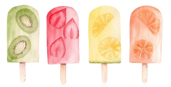 Paletas Acuarela Clipart Gráficos Ilustrativos Verano Helado Dulce Frutas Diseño —  Fotos de Stock