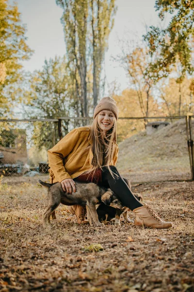 Pet Love. Młoda szczęśliwa kobieta bawi się szczeniakami w jesiennym parku. Autentyczne chwile radości dziewczyna bawiąc się z bezpańskie psy. — Zdjęcie stockowe