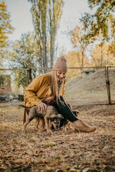 Pet Love. Młoda szczęśliwa kobieta bawi się szczeniakami w jesiennym parku. Autentyczne chwile radości dziewczyna bawiąc się z bezpańskie psy. — Zdjęcie stockowe