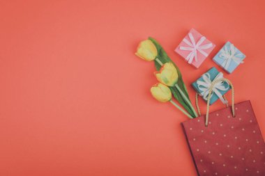 Bahar çiçekleri ve kağıt torba içinde mercan pembesi arka planda hediye. Kaliteli düz yatak. Asgari modern festival konsepti.
