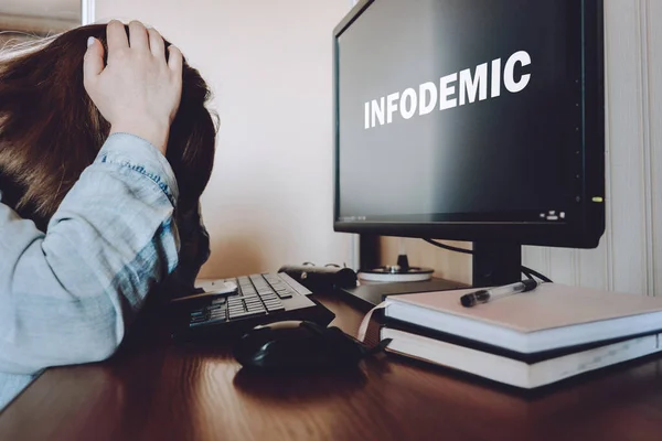 Coronavirus Infodemic Concept Frightened Woman Sitting Front Computer Monitor Text — Stock Photo, Image
