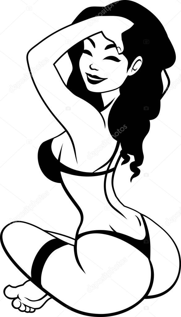 Girl in underwear sticker, black outline. Vector illustration