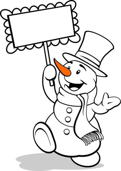 Black White Coloring Snowman Holding Sign — Stock Vector