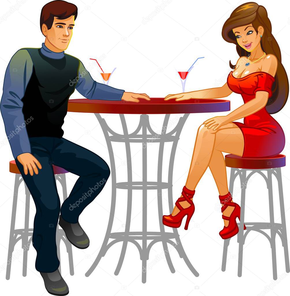 Young couple in love at a table in a cafe. Vector illustration