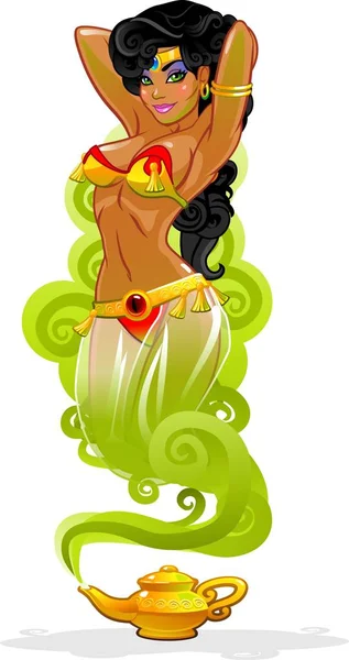 Beyaz arka plandaki sihirli lambadan güzel bir kız.