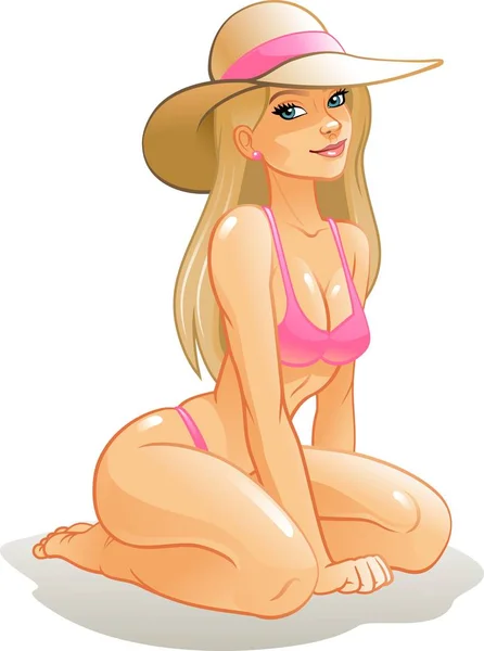 Piękna Dziewczyna Stroju Kąpielowym Plaży Ilustracja Wektora — Wektor stockowy