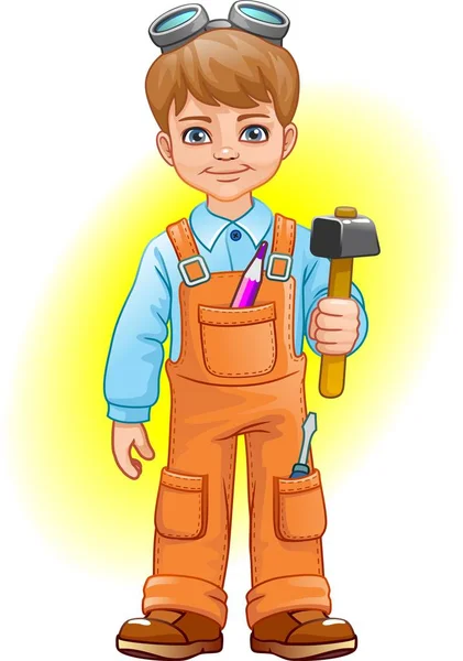 Cartoon Cheerful Builder Boy Hammer Vector Illustration — Stock Vector