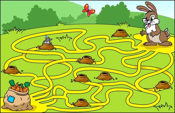 Tavşana havuç torbasını bulması için yardım et. Vektör illüstrasyonu.