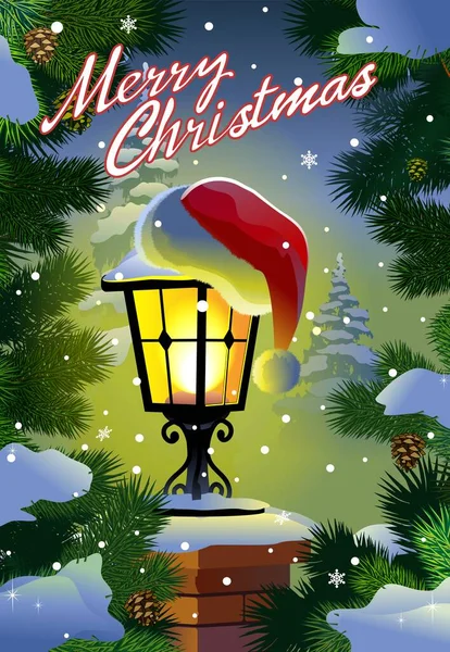 Winter Christmas Sign Lantern Santa Hat Background Vector Illustration — Stock Vector
