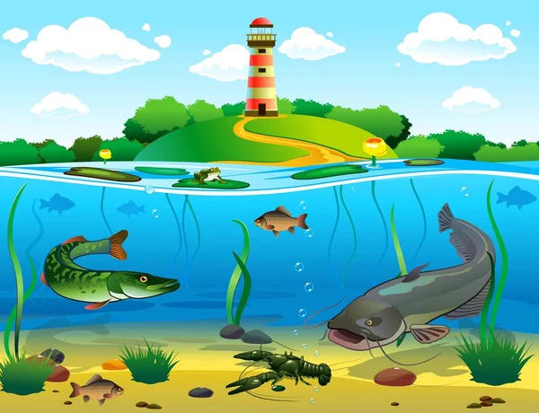 River Underwater World Ilustração Vetorial —  Vetores de Stock