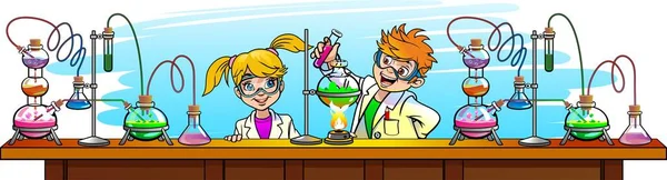 Niños Inteligentes Estudios Química Ilustración Vectorial — Vector de stock