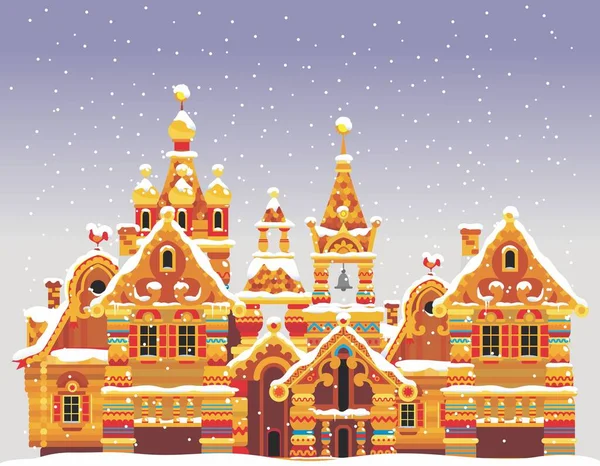 Old fairytale city. Colorfully decorated wooden tower covered with snow in Christmas — Stock Illustration Old Fairytale City Colorfully Decorated Wooden Tower Covered Snow Christmas Royalty Free Stock Vectors
