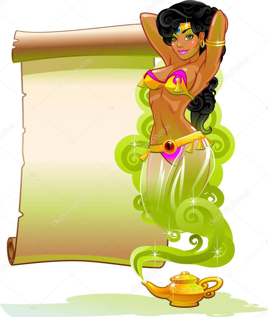 Poster. Girl gin from the lamp. Vector illustration.