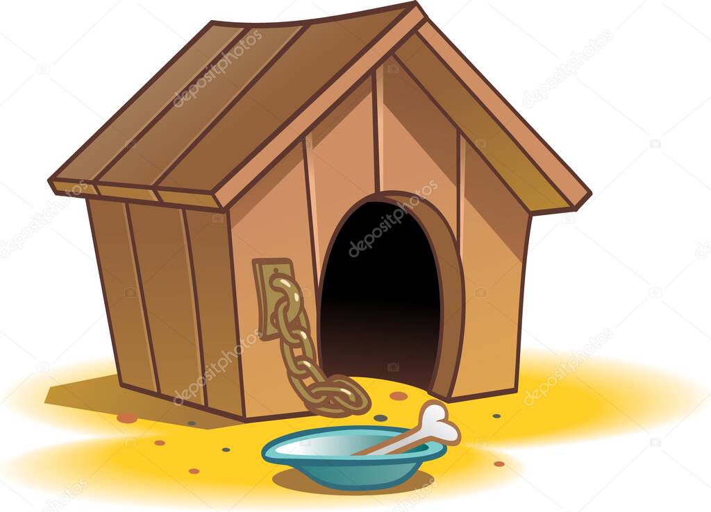 Wooden house for a dog. Cartoon version of the home for the dog put on a chain. 