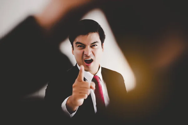 Angry Boss get frustrated, yelling, reprimanding to employee, worker that worker mistake important deadline or work, bossy boss pointing finger to employee. Working person get fired. Irritated manager