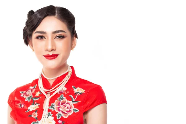 Портрет Красотки Китаянки Китайский Новый Год Азиатская Женщина Надевает Платье — стоковое фото
