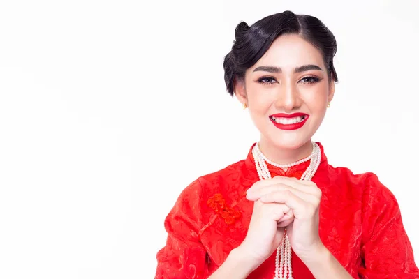 Beautiful Chinese Woman Greeting Someone Chinese New Year Day Pretty — Stockfoto