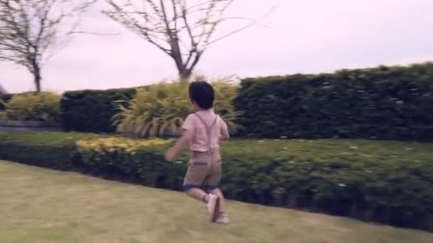 Renkli Fırıldak Tutan Şirin Bir Çocuk Çocuk Evdeki Bahçede Oynamak — Stok video