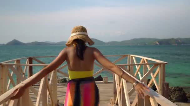 Mooie Aziatische Vrouw Reiziger Vrouw Wandelen Houten Brug Voor Het — Stockvideo