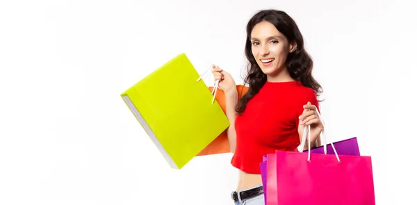 Beautiful Shopping Woman Holding Shopping Bags Happiness Smiley Face Attractive — Stock Photo, Image