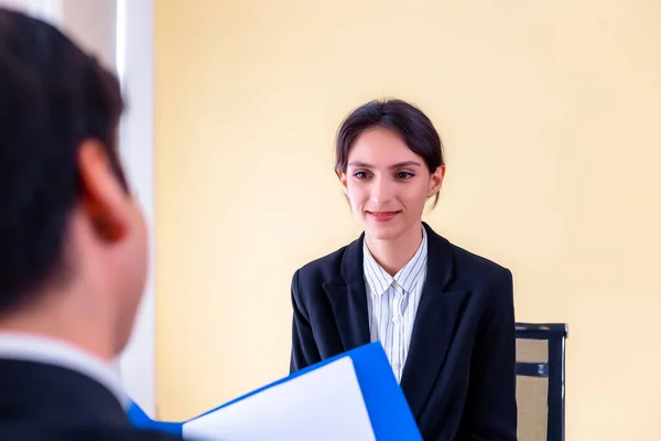 Employee woman get job interviews from employer in office at famous company. Working woman or business woman find new job and want to get a good job. Worker get confident, can get new job, smile face