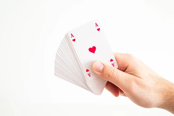 Deck de cartas de jogo realizada por mão masculina caucasiana frente frente Ace — Fotografia de Stock