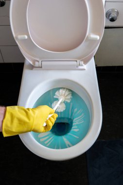 Beyaz, sarı lateks eldivenli ve beyaz fırçalı beyaz bir erkek eli küçük bir banyoda mavi sıvı temizleyiciyle tuvaleti temizliyor.