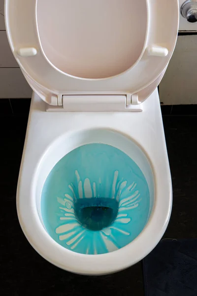 Saubere Toilettenschüssel Mit Blauem Reinigungsmittel Gel Auf Dem Sitz Einem — Stockfoto