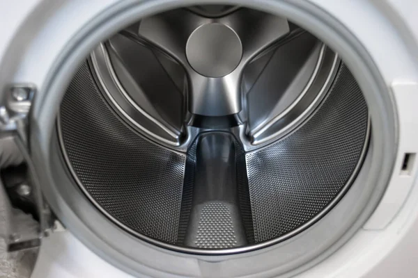 Wasmachine Open Deur Zilver Metaal Lege Tuimelaar Close Schot 2020 — Stockfoto