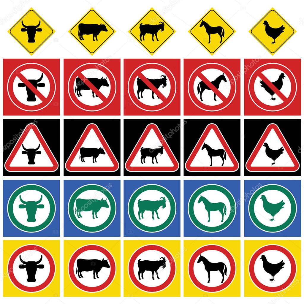 A set of signs with farm animals.