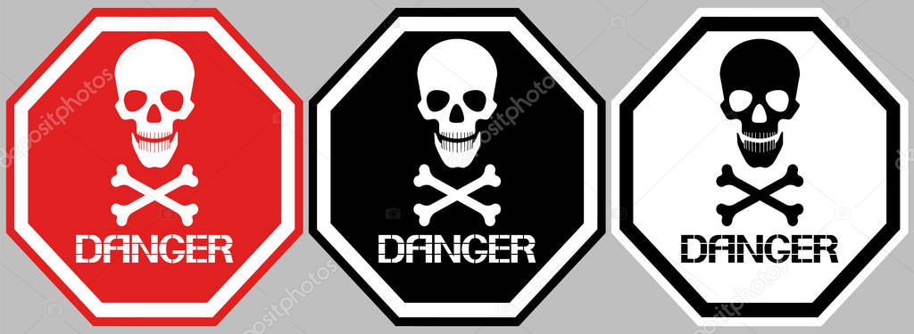 A set of danger signs.Octagonal poster, skull and bones, different color options.